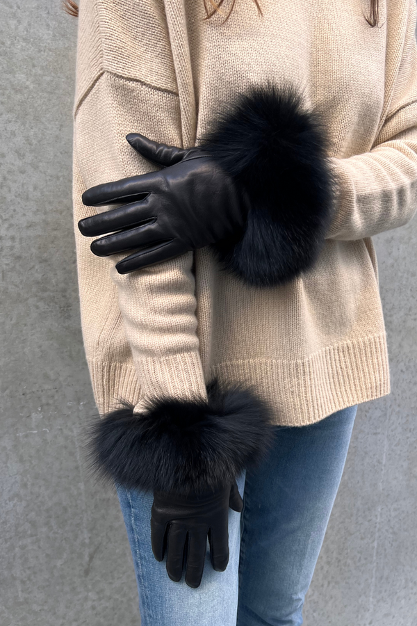 Leather Gloves With Fox Trim Black