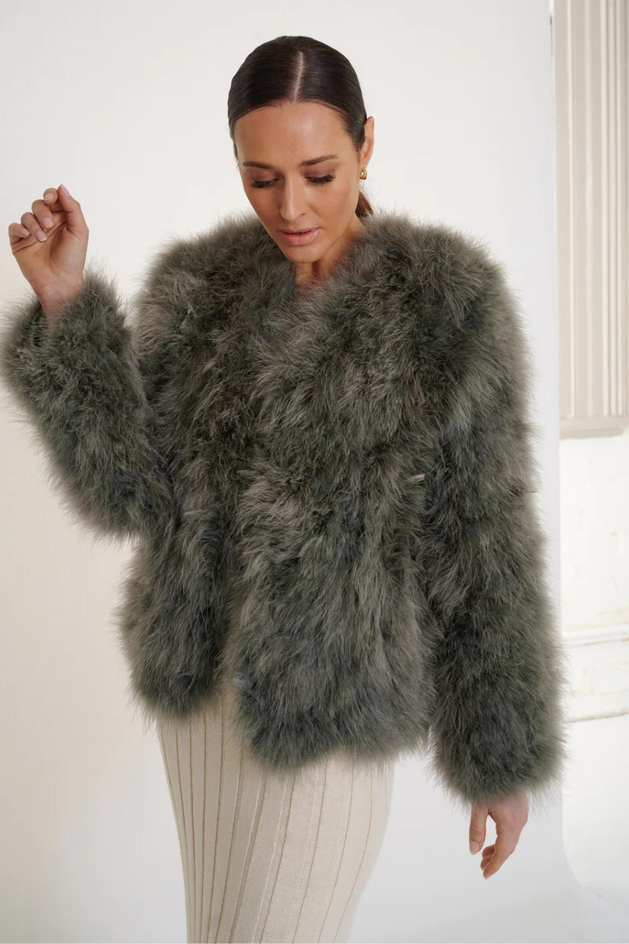 Grey feather jacket best sale