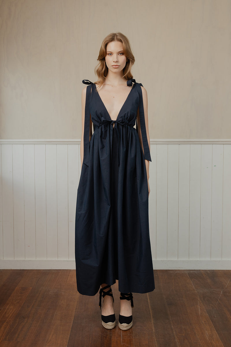 Tie Back Dress Navy Dupion Silk