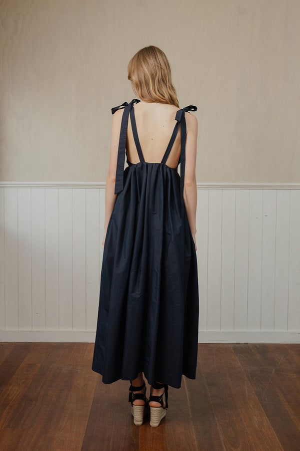 Tie Back Dress Navy Dupion Silk