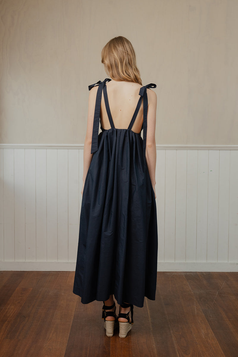 Tie Back Dress Navy Dupion Silk