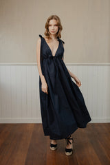 Tie Back Dress Navy Dupion Silk