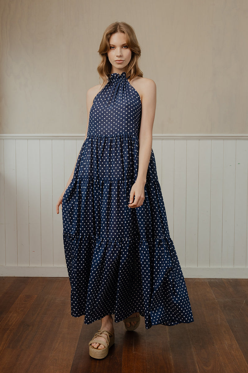 Adrift Dress Navy Polkadot