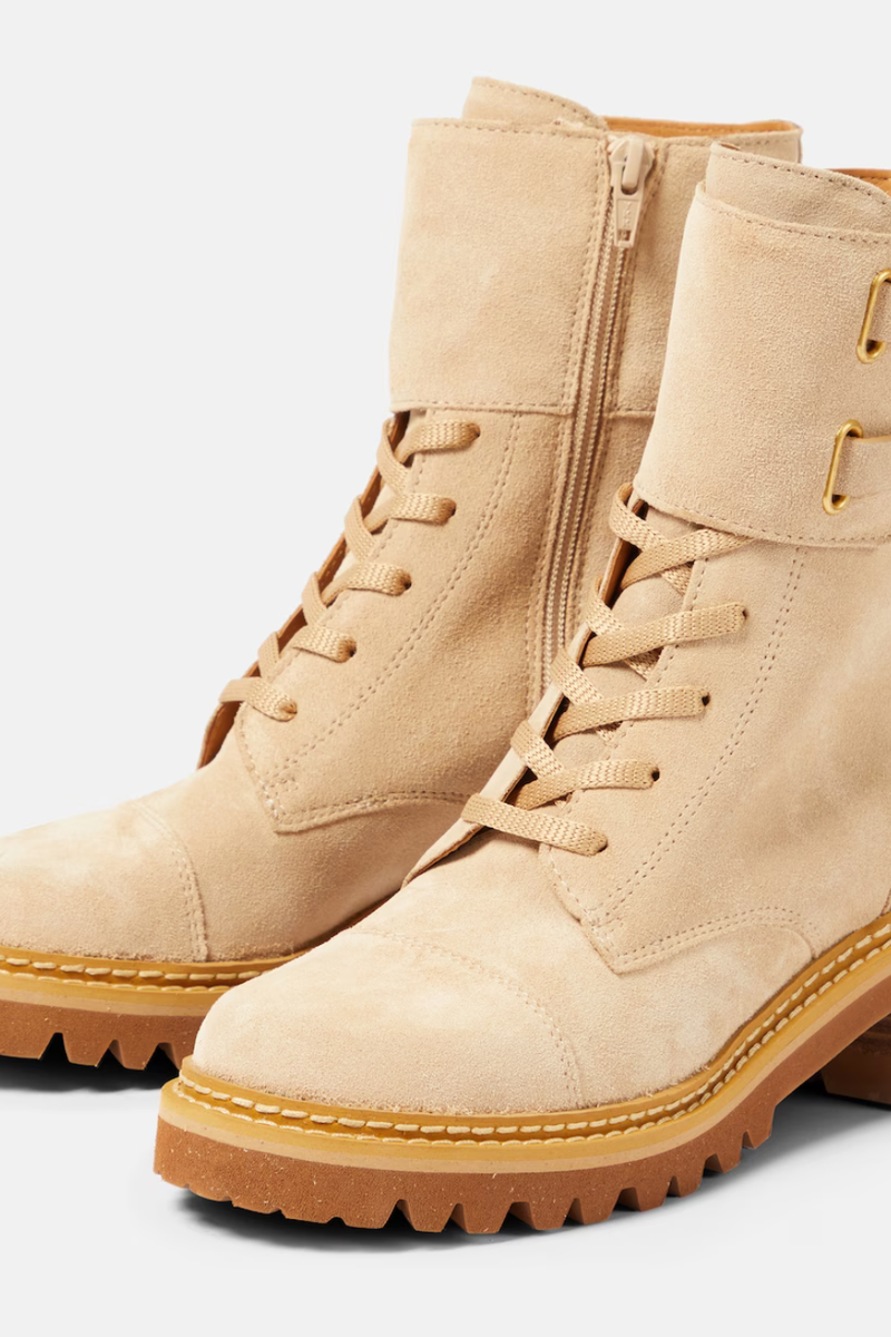 Mallory Buckled Ankle Boots Beige Suede