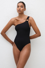 Asymmetric Ring Maillot Black Crinkle