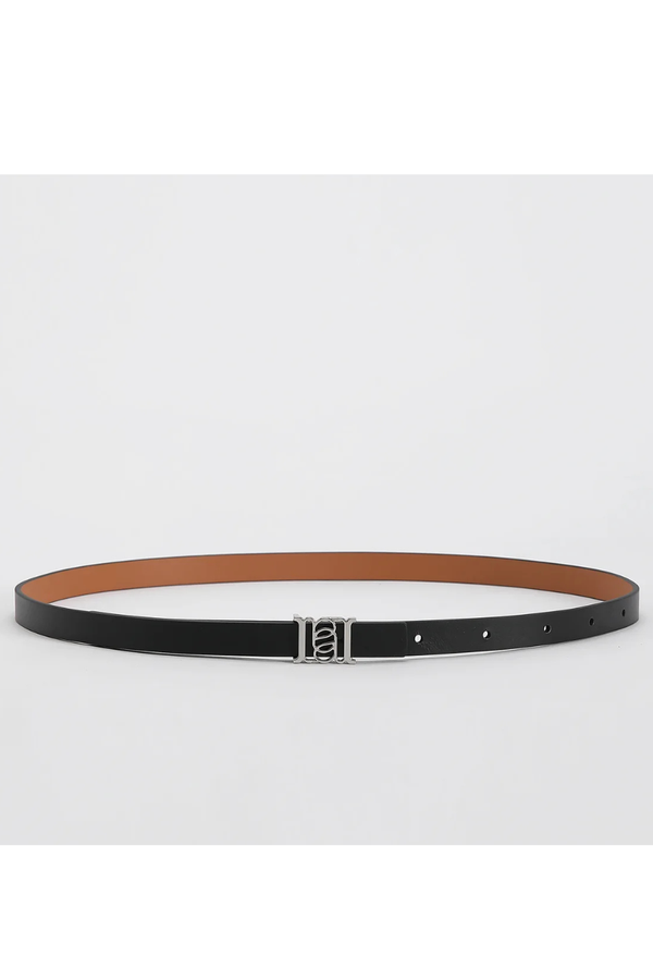 Double-Sided Slim Leather Belt Black/Tan/Silver