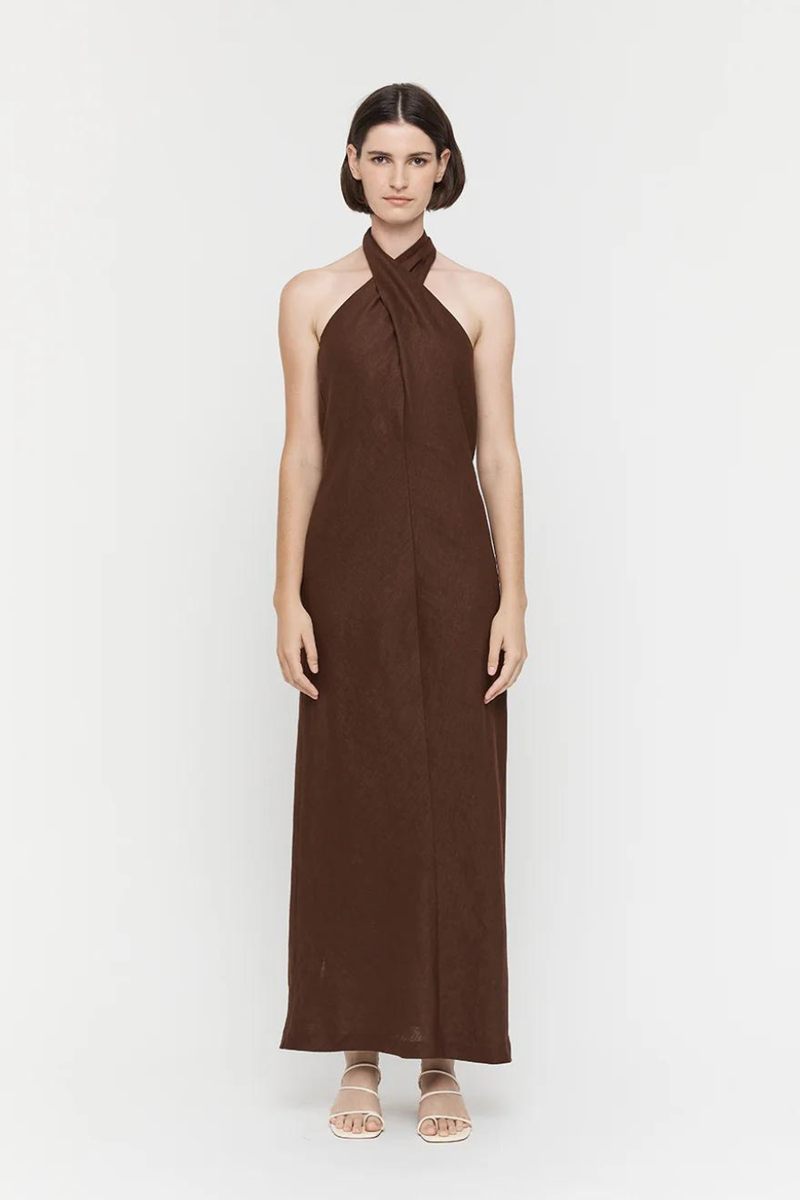 Cross Over Bias Linen Dress Chocolate