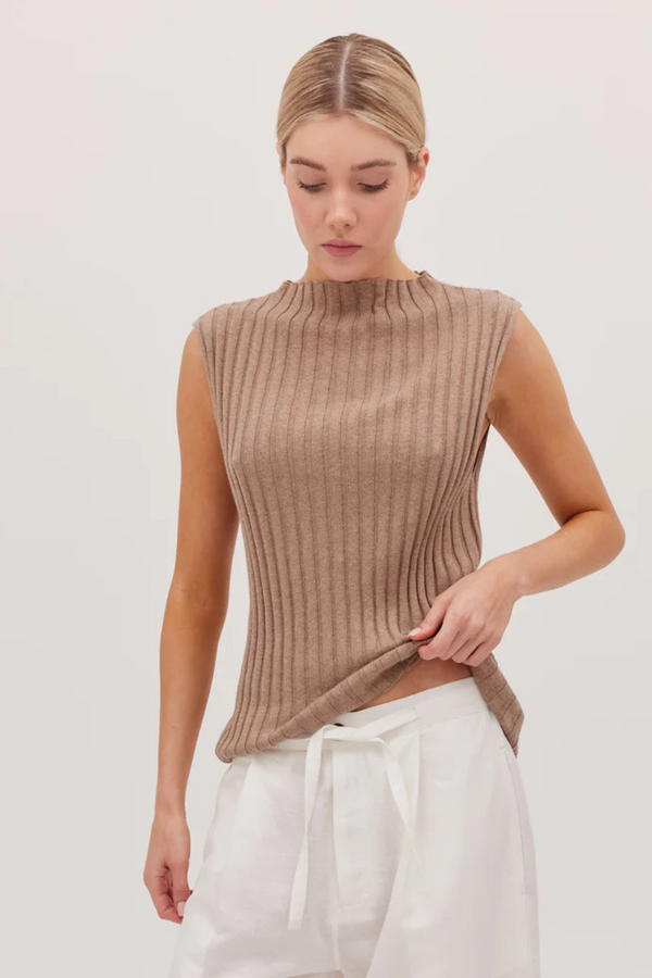 The Ribbed Funnel Neck Tank Walnut