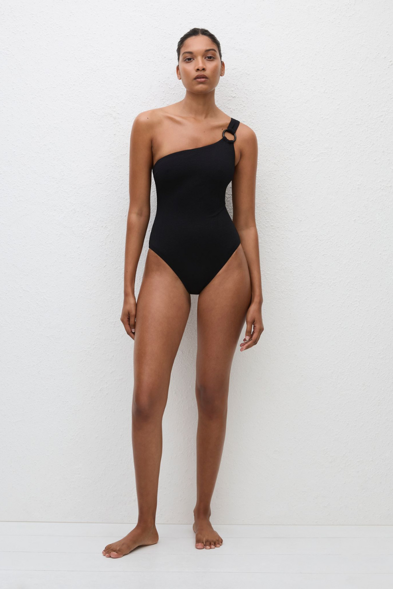 Asymmetric Ring Maillot Black Crinkle