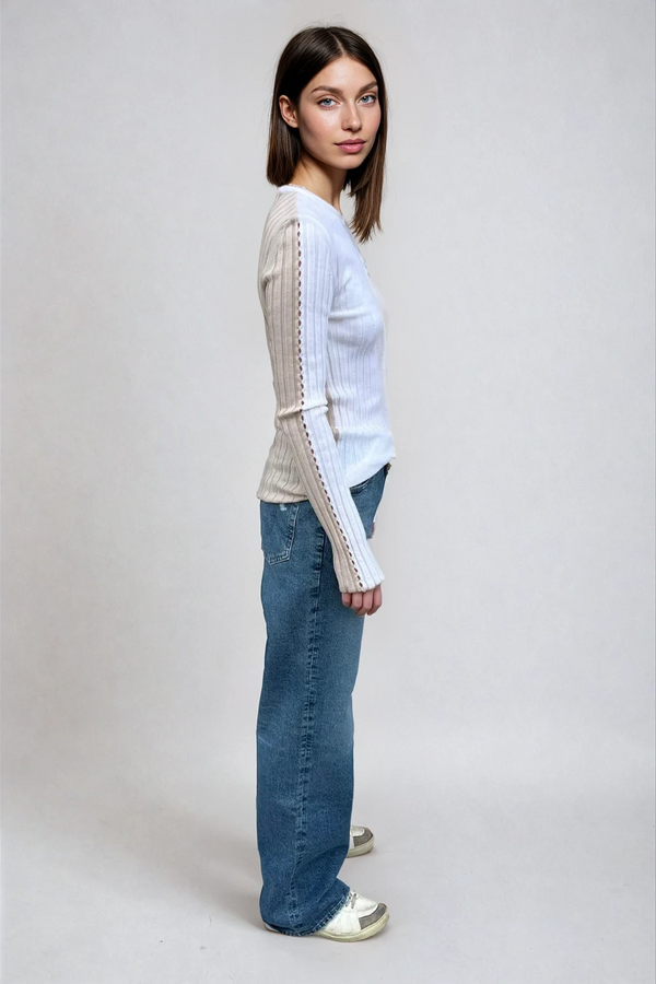 Sara Long Sleeve Rib Top Off White/Butter