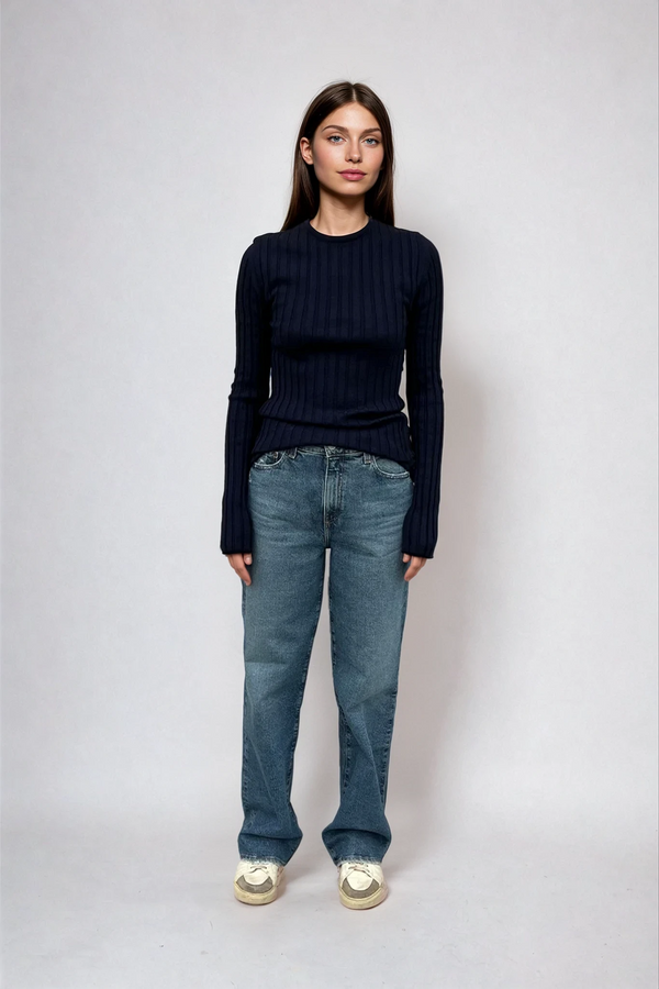 Sara Long Sleeve Rib Top Navy