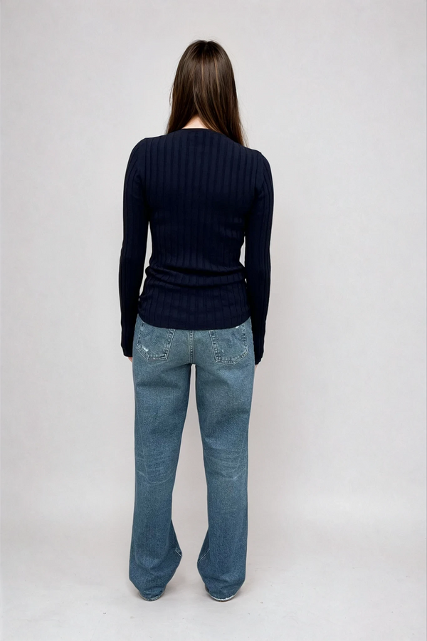 Sara Long Sleeve Rib Top Navy