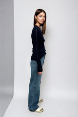 Sara Long Sleeve Rib Top Navy