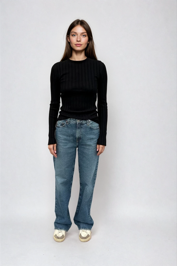 Sara Long Sleeve Rib Top Black/Butter
