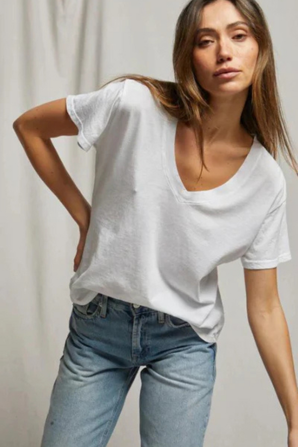 Hendrix Cotton Boxy  V Neck Tee White