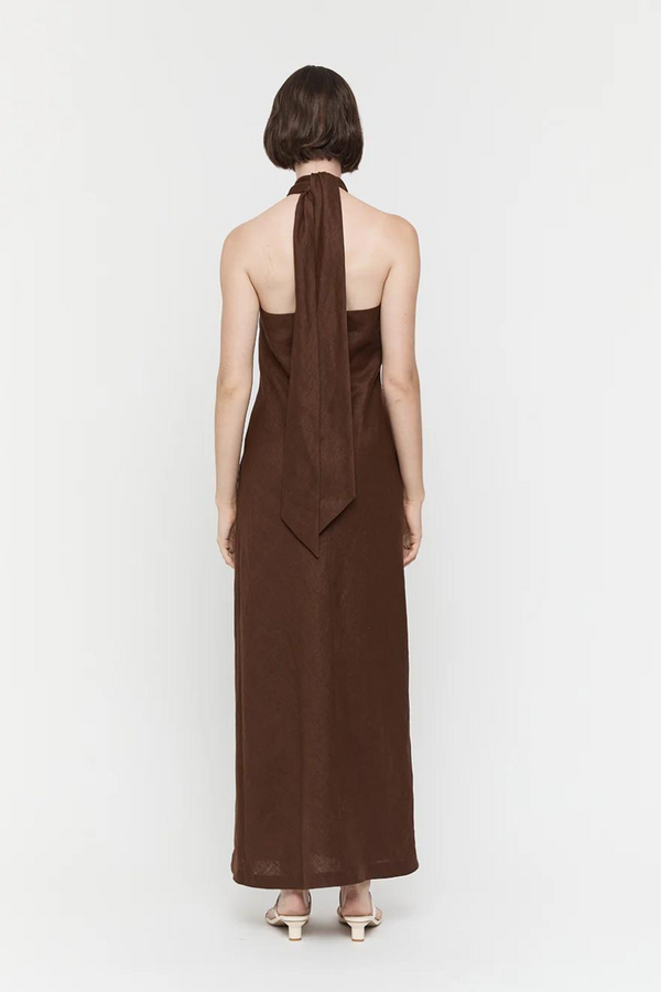 Cross Over Bias Linen Dress Chocolate