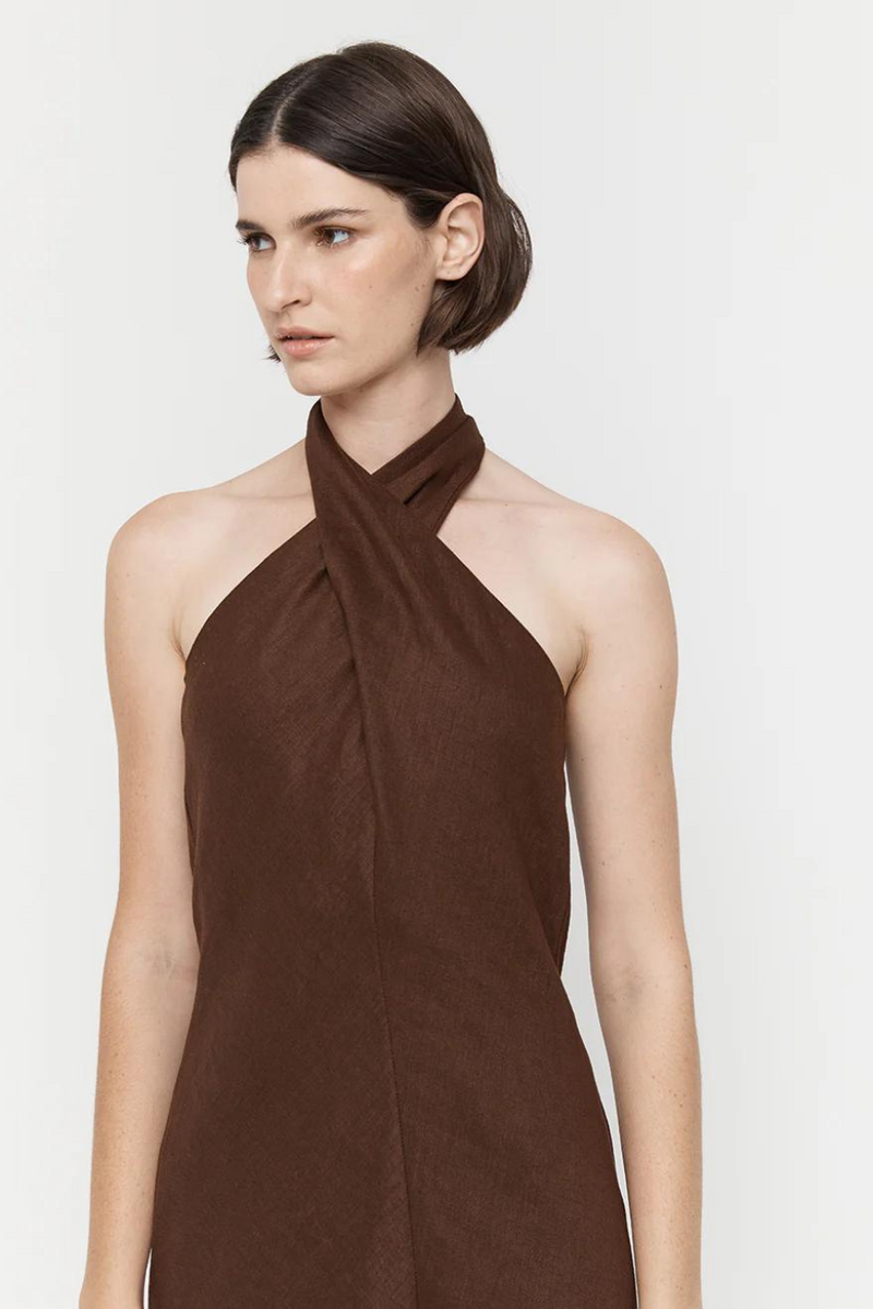 Cross Over Bias Linen Dress Chocolate