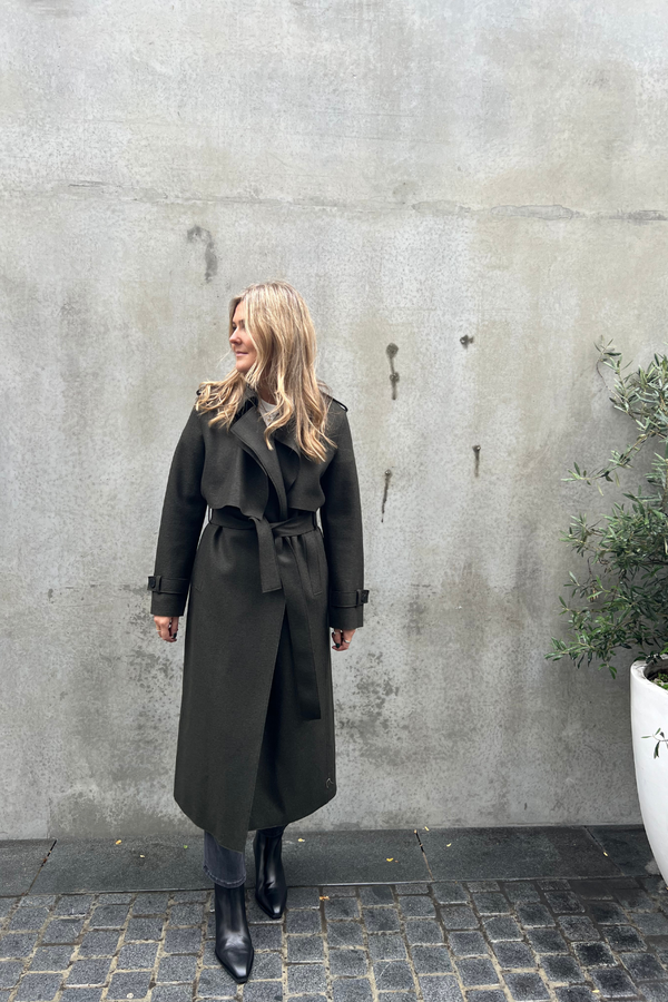 Long Trench Coat Pressed Wool Dark Khaki