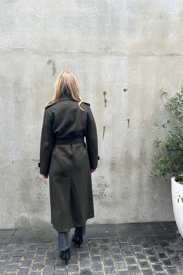 Long Trench Coat Pressed Wool Dark Khaki