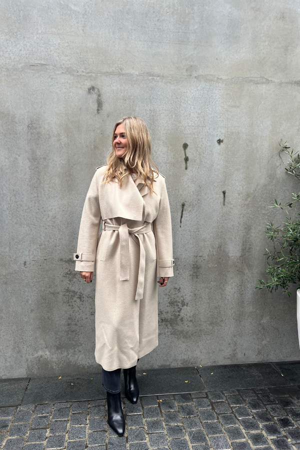 Long Trench Coat Pressed Wool Almond