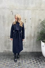 Long Trench Coat Pressed Wool Navy Blue