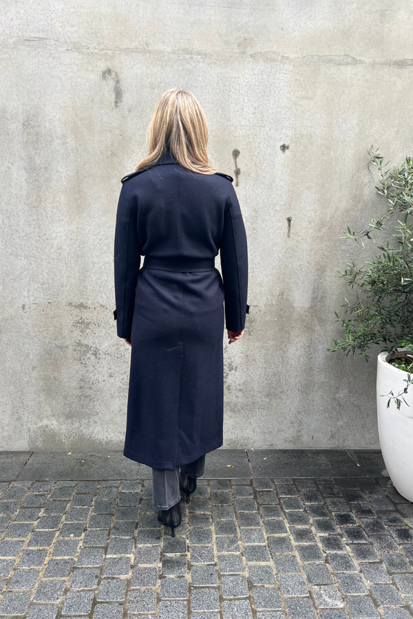 Long Trench Coat Pressed Wool Navy Blue