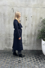 Long Trench Coat Pressed Wool Navy Blue