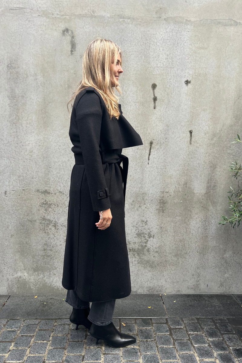 Long Trench Coat Pressed Wool Black