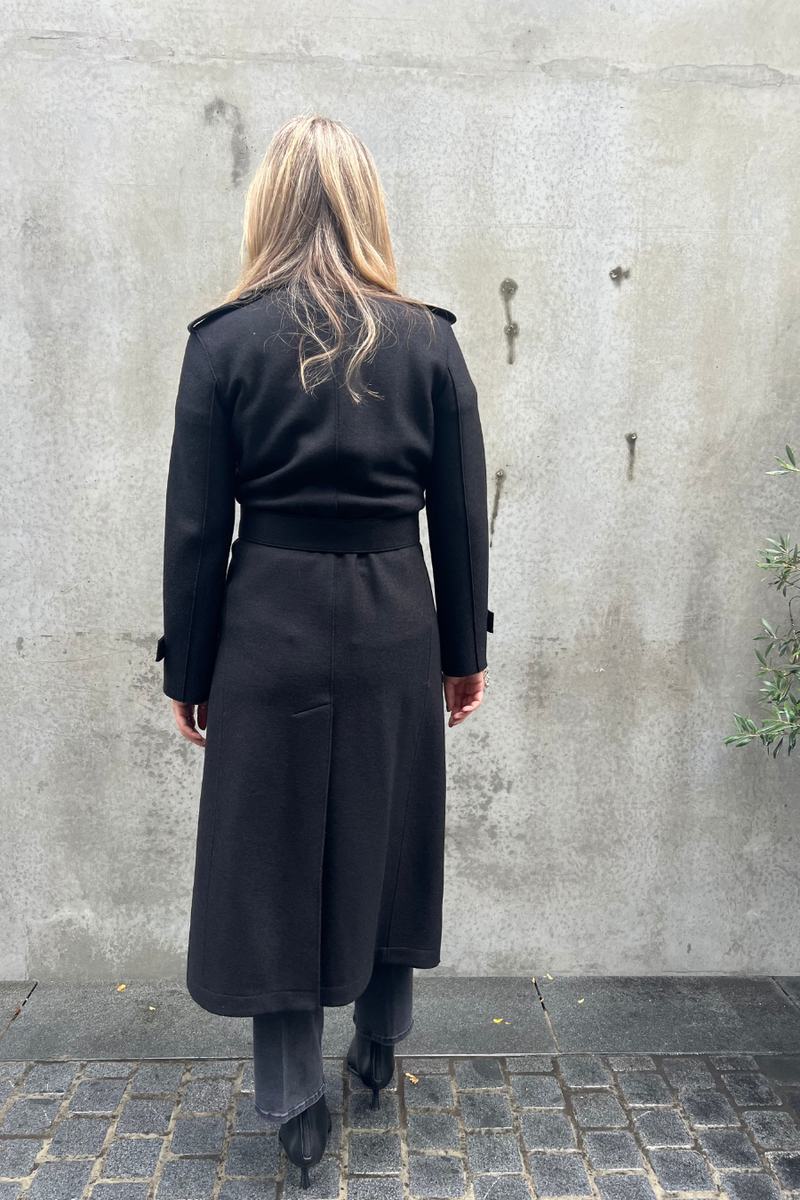 Long Trench Coat Pressed Wool Black