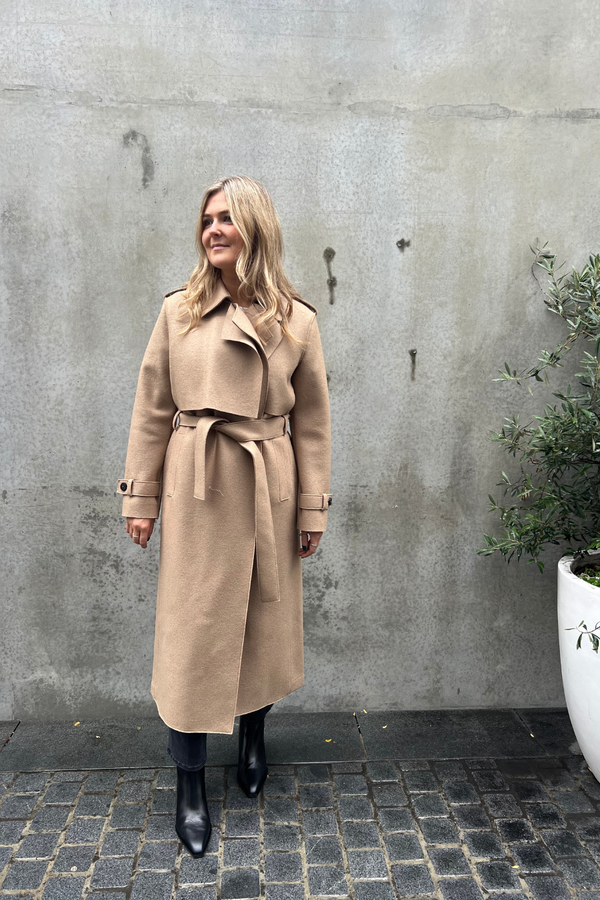 Long Trench Coat Pressed Wool Tan