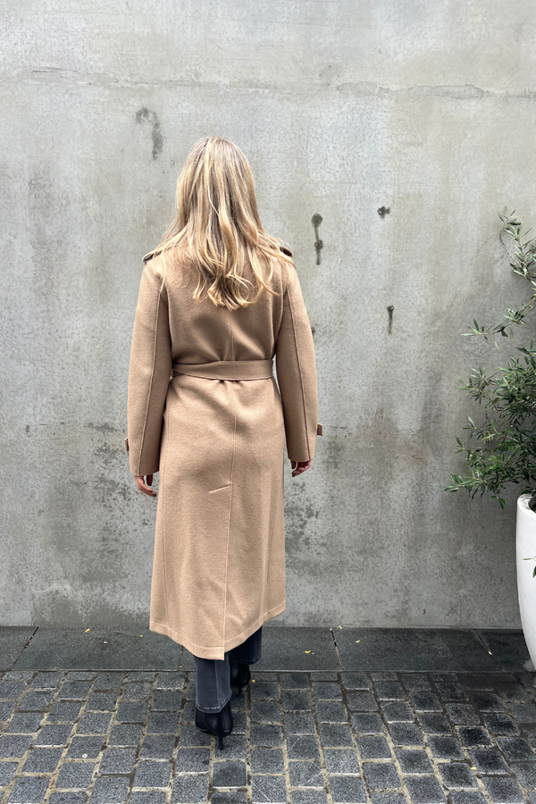 Long Trench Coat Pressed Wool Tan