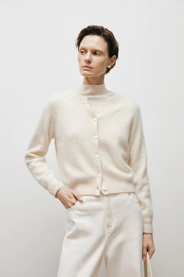 Round Neck Cashmere Cardigan White