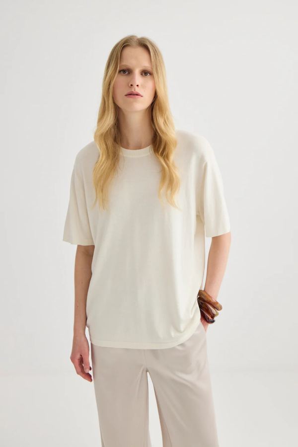 Silk Blend Knit T-Shirt Cream