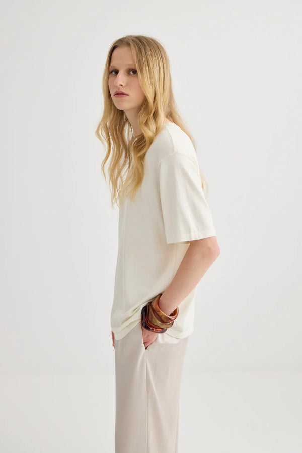 Silk Blend Knit T-Shirt Cream