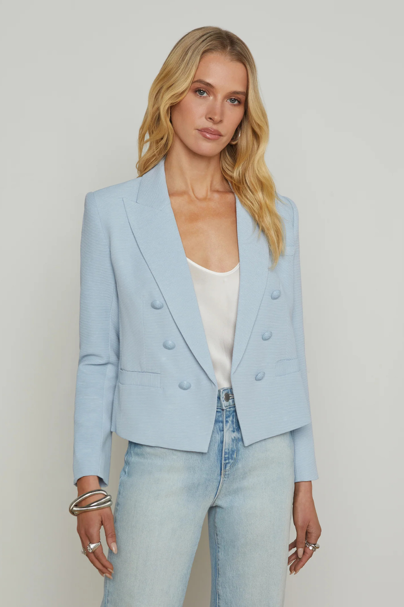 Brooke Open Front Blazer Blue Fog/ Scroll Toile