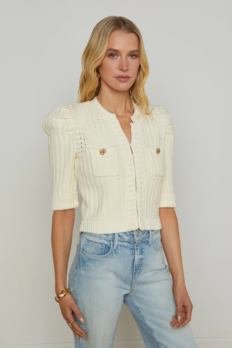 Delilah Cropped Cardigan Vintage White/ Gold Knot