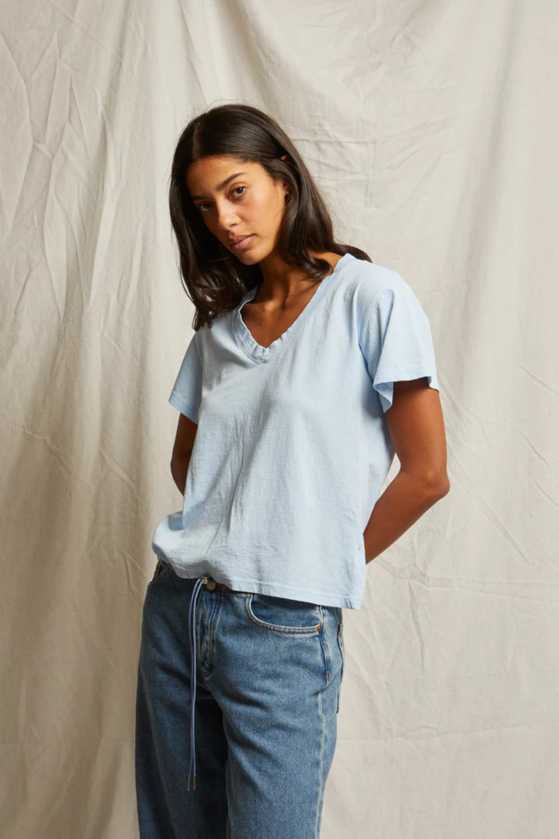 Hendrix Cotton Boxy V Neck Tee Sky Blue