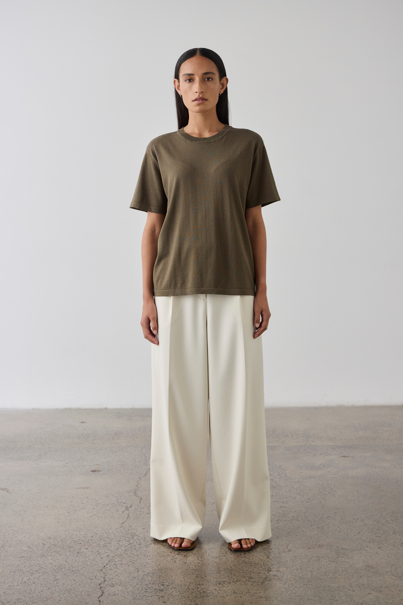 Silk Blend Knit T-Shirt Khaki