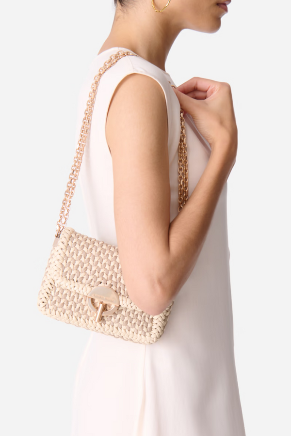 Small Braided Leather Moon Bag Beige/ Ivory