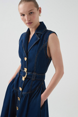 Elena Belted Denim Midi Dress