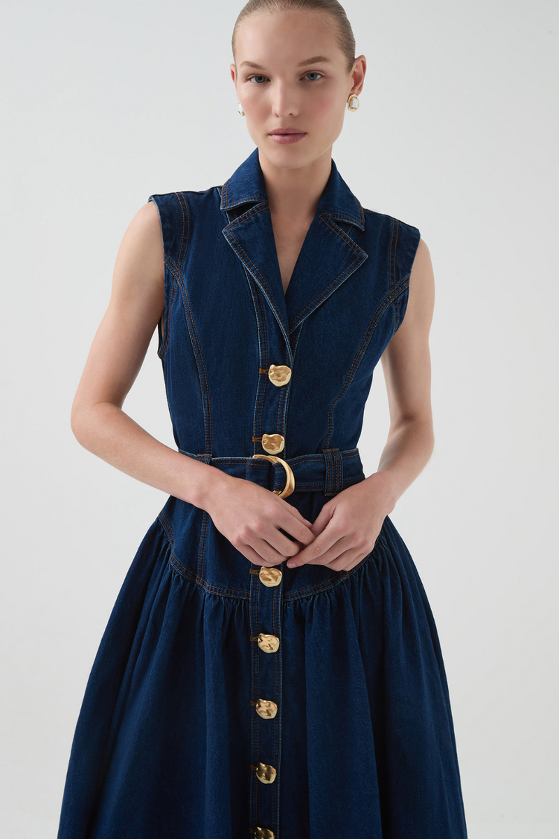 Elena Belted Denim Midi Dress