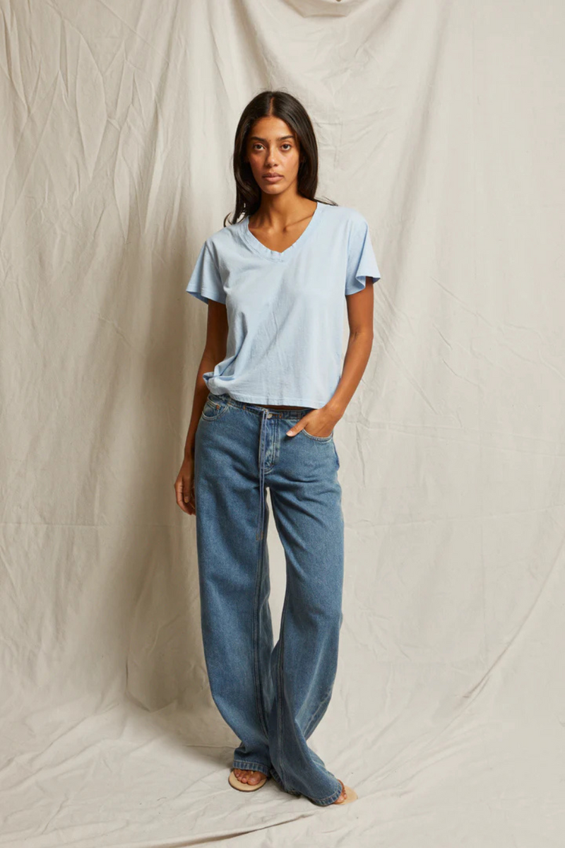Hendrix Cotton Boxy V Neck Tee Sky Blue