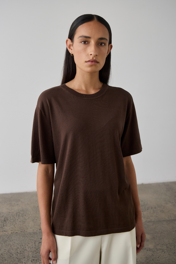 Silk Blend Knit T-Shirt Chocolate