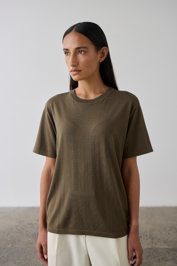 Silk Blend Knit T-Shirt Khaki