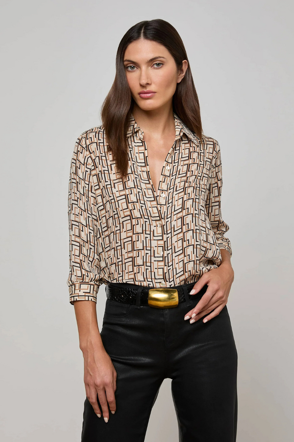 Nina Silk Blouse Ecru Multi Geo Print