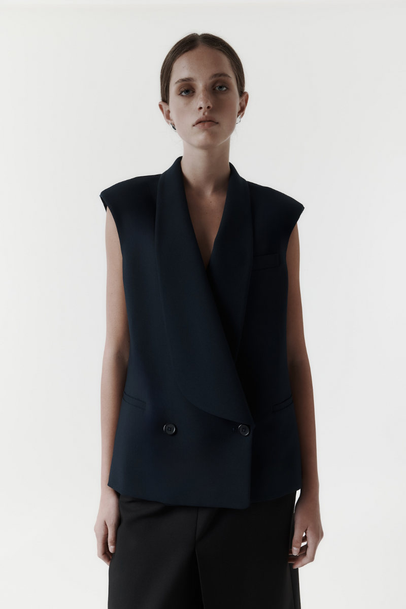Lapel Long Vest Navy