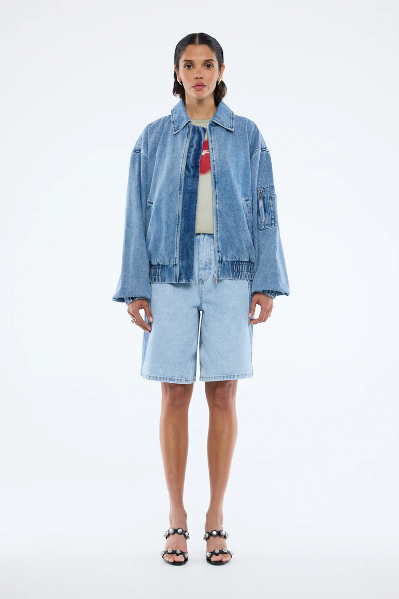 Harlow Denim Bomber Mid Wash Blue
