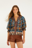 Short Sleeve Embroidered Tapestry Blouse Blue