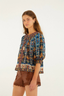 Short Sleeve Embroidered Tapestry Blouse Blue
