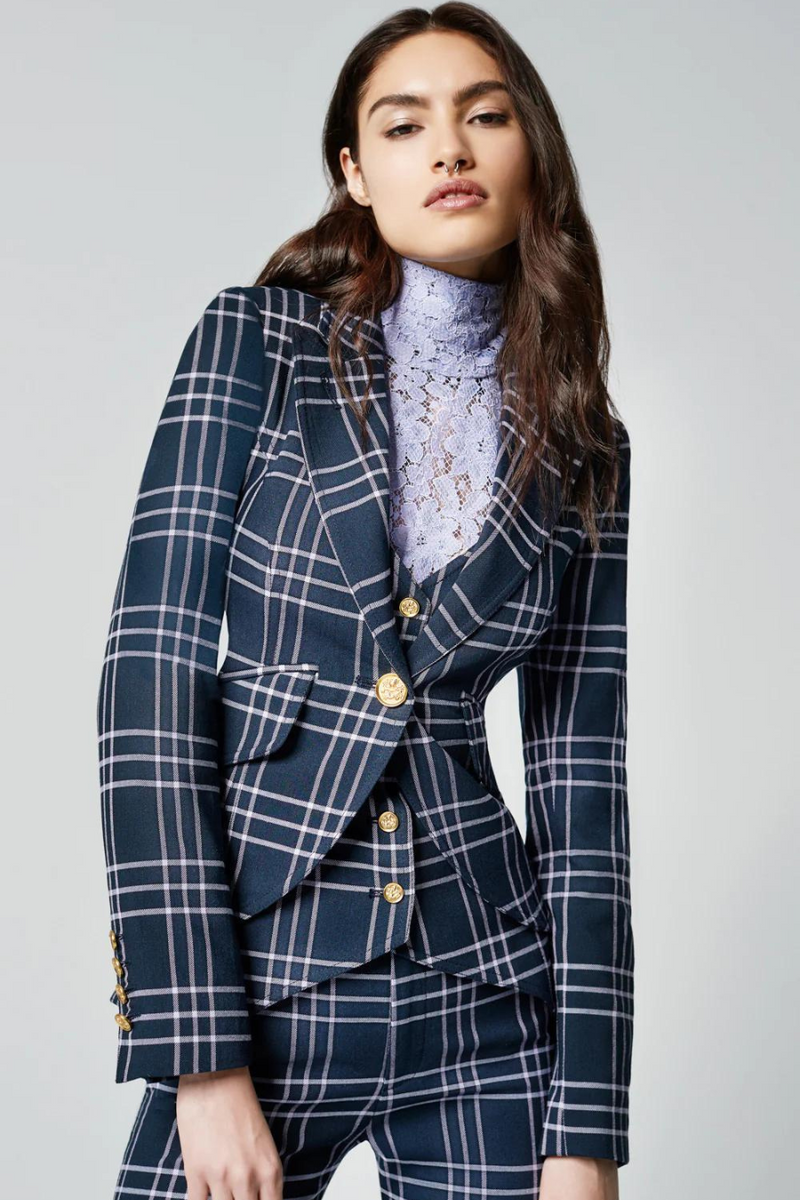 One Button Blazer Navy Lilac Grid